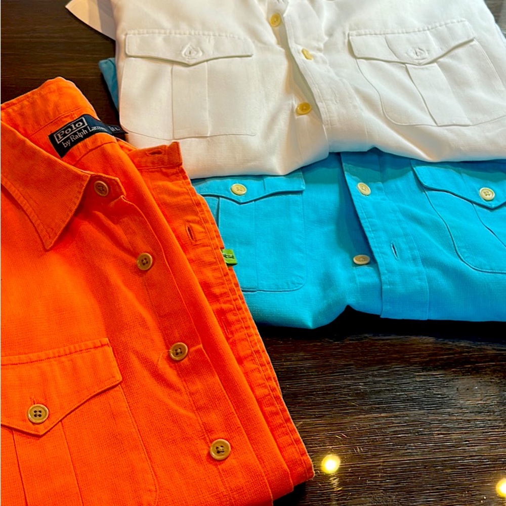 3 Men’s shirt sleeve cotton shirts (white orange and blue)